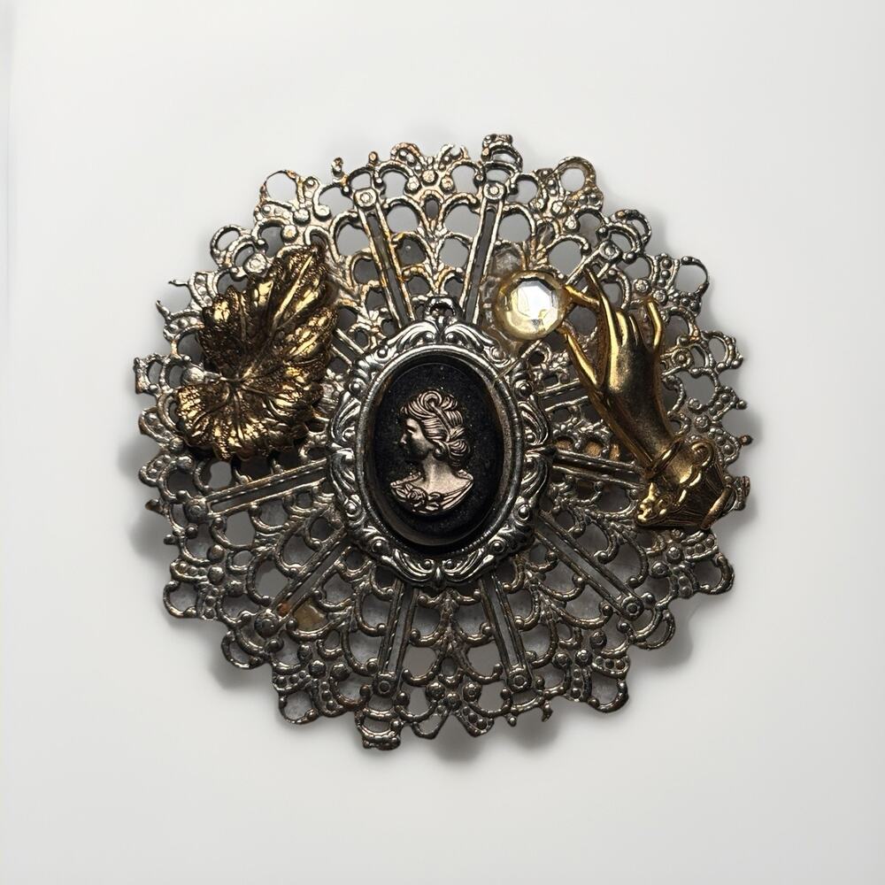 Vintage Filigree Cameo Brooch Gold Silver Tone Hand Leaf Pearl Accent